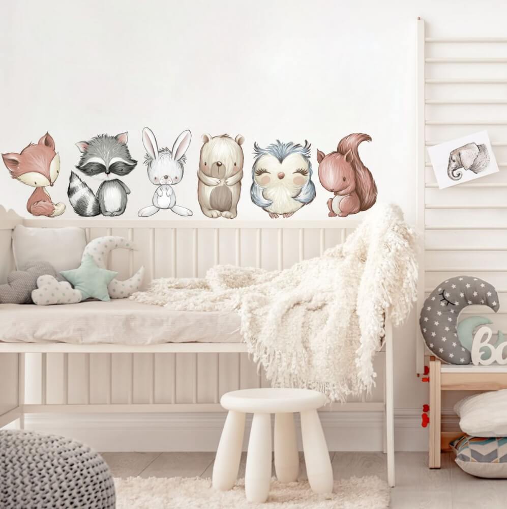 Animal stickers over a crib