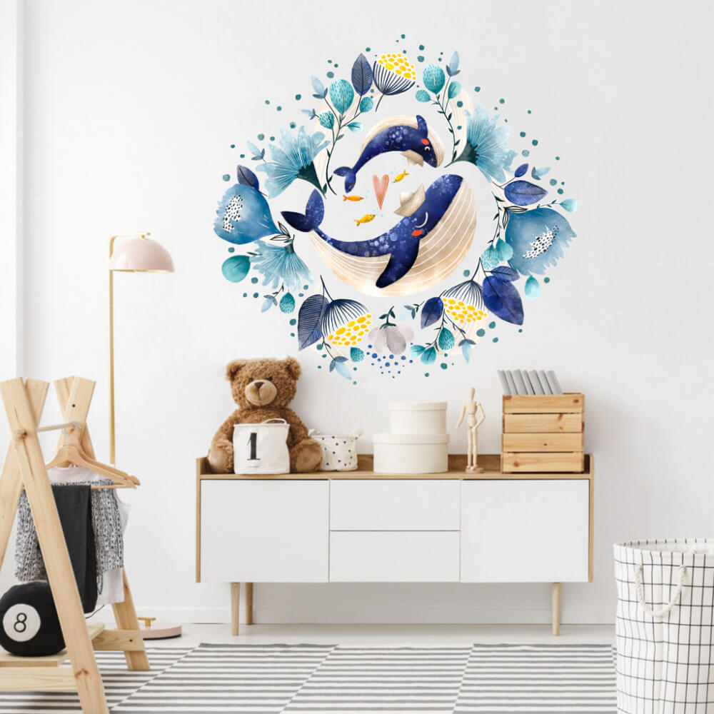 Aquarelle wall sticker - Whales with flowers