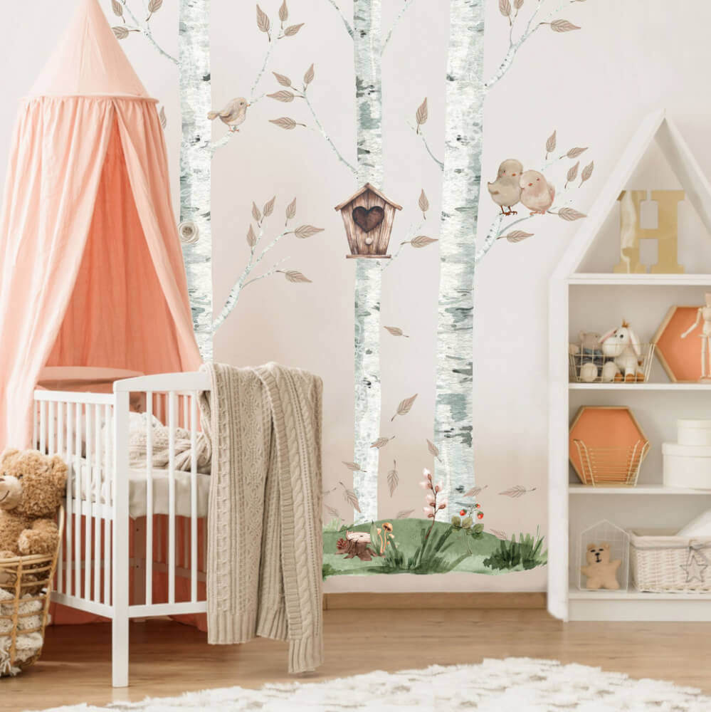 Birches with a birdhouse - wall sticker