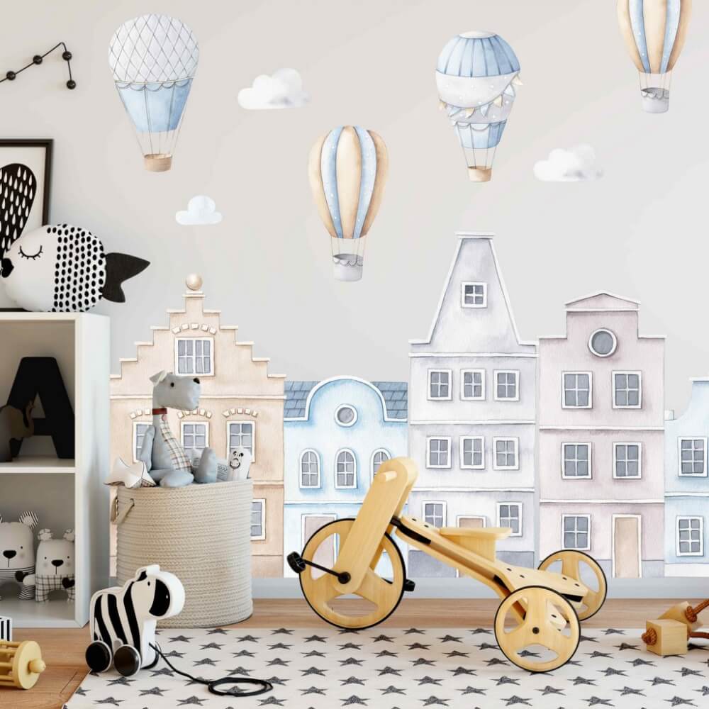 Blue houses, stickers for kid's room with hot-air balloons