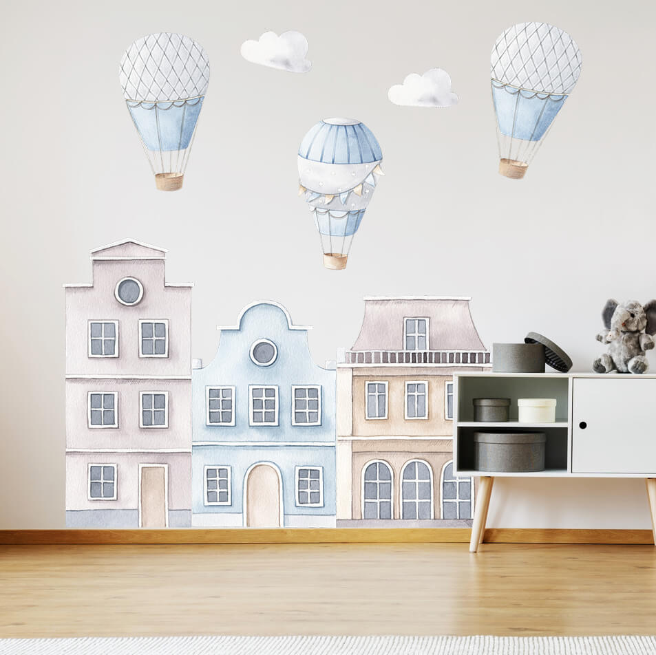 Blue houses with hot-air balloons for kid's bedroom