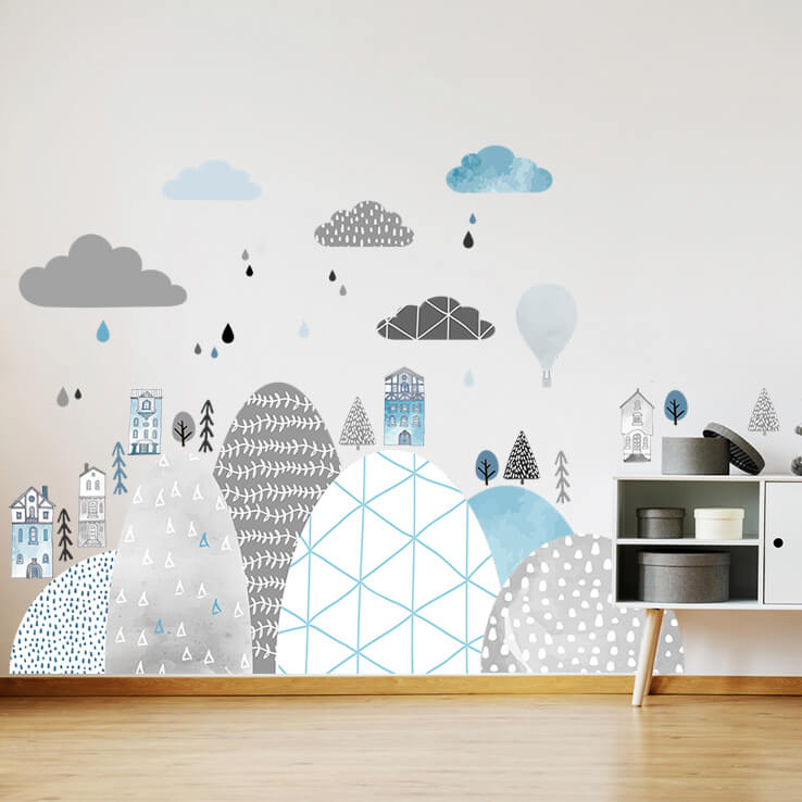 Blue wall stickers of hills and houses