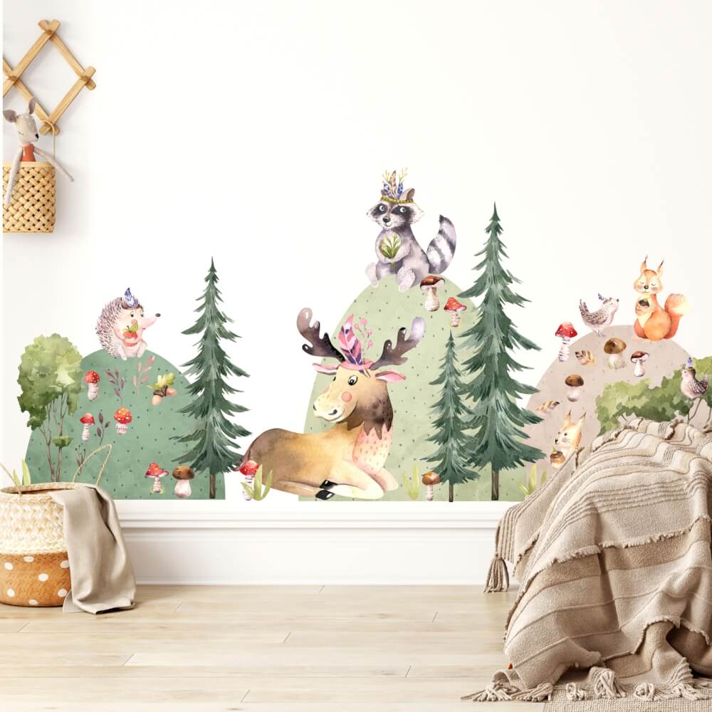 Children's Wall Stickers - Forest Animals with Hills and Trees