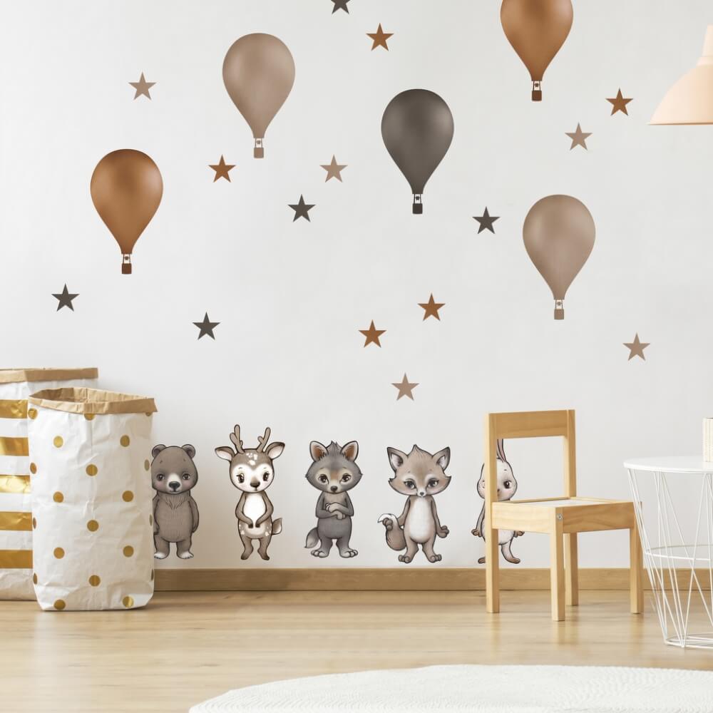 Forest animals with balloons in brown colours
