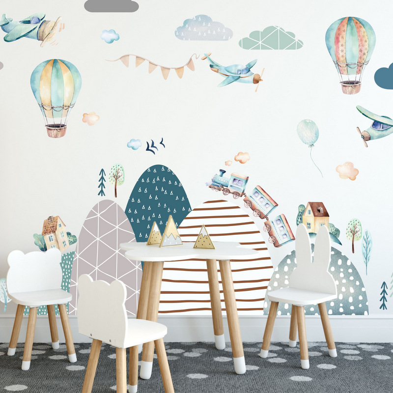 Self-adhesive wall stickers - Hills, airplanes, balloons and a train
