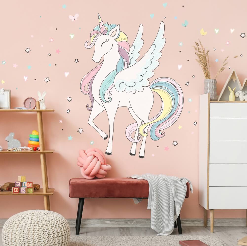 Self-adhesive wallpaper Unicorn - rainbow-coloured textile wall sticker