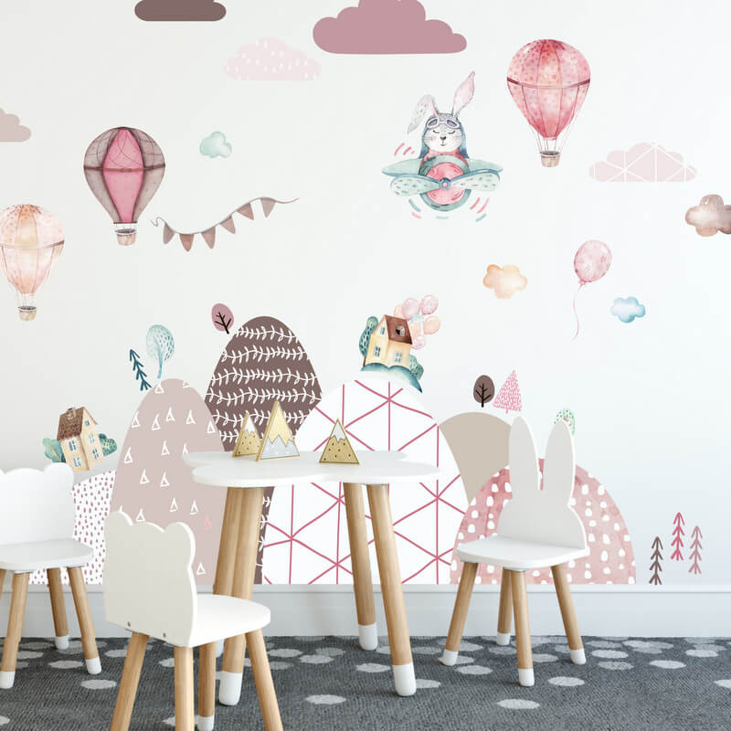 Wall stickers - Hills and balloons in pink