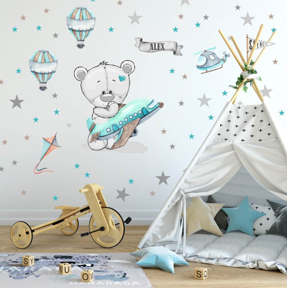 Wall stickers - Teddy bears with child’s name, balloons and airplanes